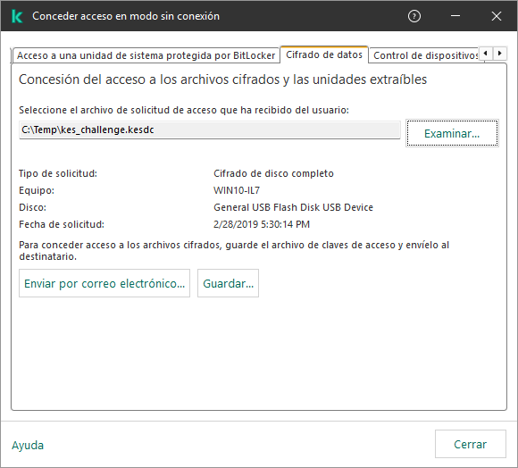 La ventana contiene un campo para seleccionar el archivo de solicitud de acceso. El usuario puede guardar la clave creada en el disco o enviarla por correo electrónico.