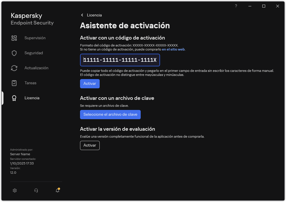 Ventana con las herramientas de activación de la aplicación. El usuario puede introducir un código de activación o seleccionar un archivo clave.