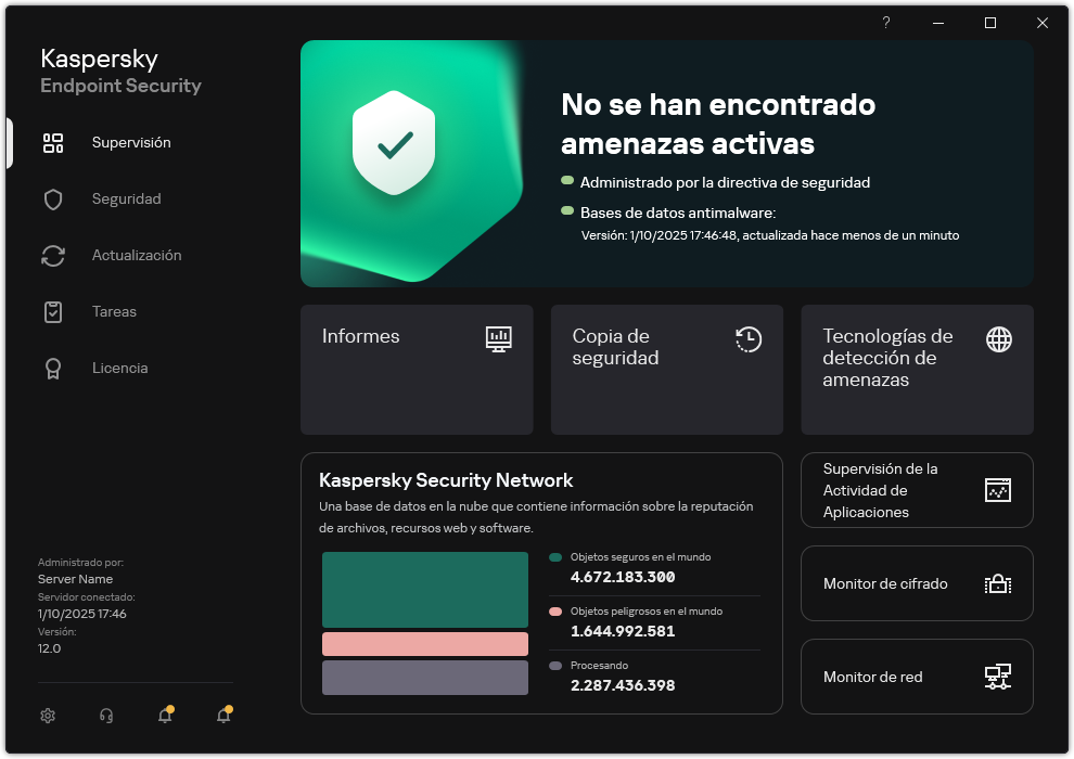 La ventana principal de la aplicación contiene secciones para la supervisión de la seguridad del equipo y el control de la aplicación.