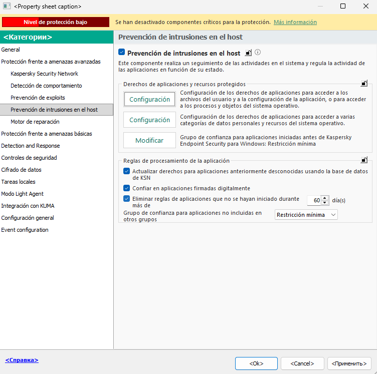 Ventana Configuración de Prevención de intrusiones.