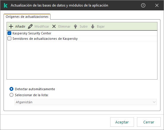 Una ventana con la lista de fuentes de actualización. El usuario puede agregar fuentes de actualización y asignar una prioridad a la fuente.