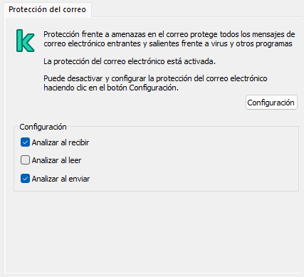 Extensión de Kaspersky para la ventana de Outlook. El usuario puede configurar los mensajes para que se analicen al recibirlos, leerlos o enviarlos.