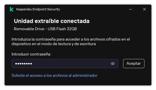 La ventana contiene un campo para introducir la contraseña. El usuario puede crear una solicitud de acceso al archivo.