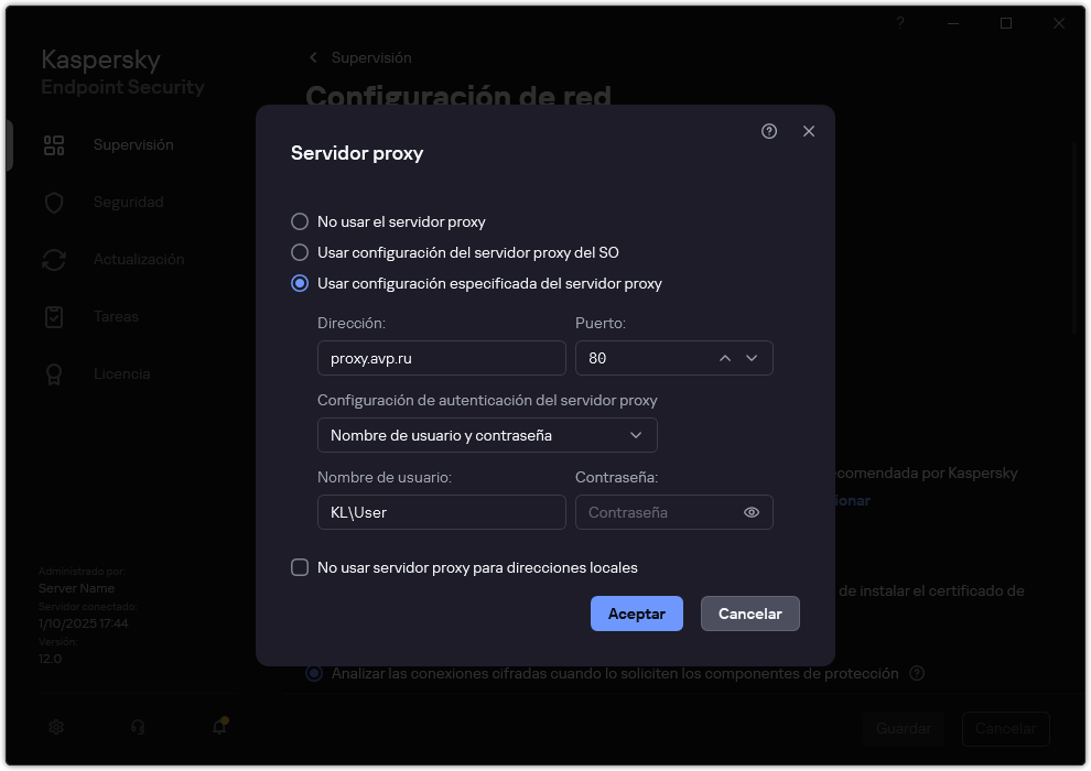 La ventana para configurar la conexión del servidor proxy. El usuario puede configurar la dirección del servidor proxy y las credenciales para conectarse al servidor proxy.