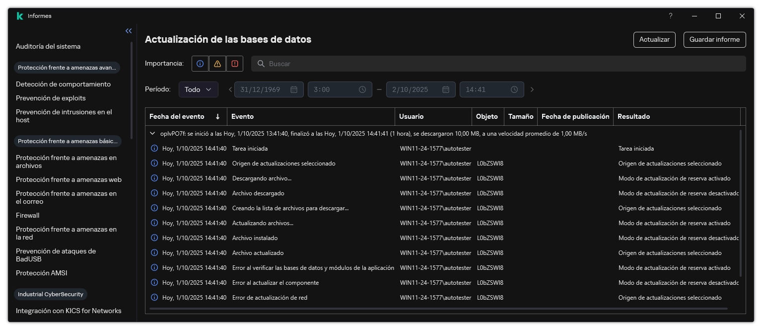 Una ventana con la lista de eventos del informe. El usuario puede filtrar/ordenar eventos y guardar informes en un archivo.