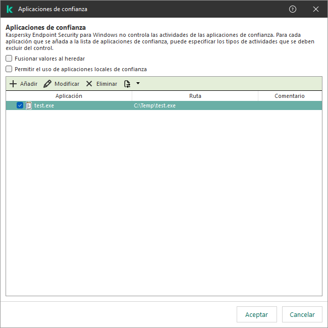 Una ventana con la lista de aplicaciones de confianza. El usuario puede agregar, editar o eliminar una aplicación de confianza.