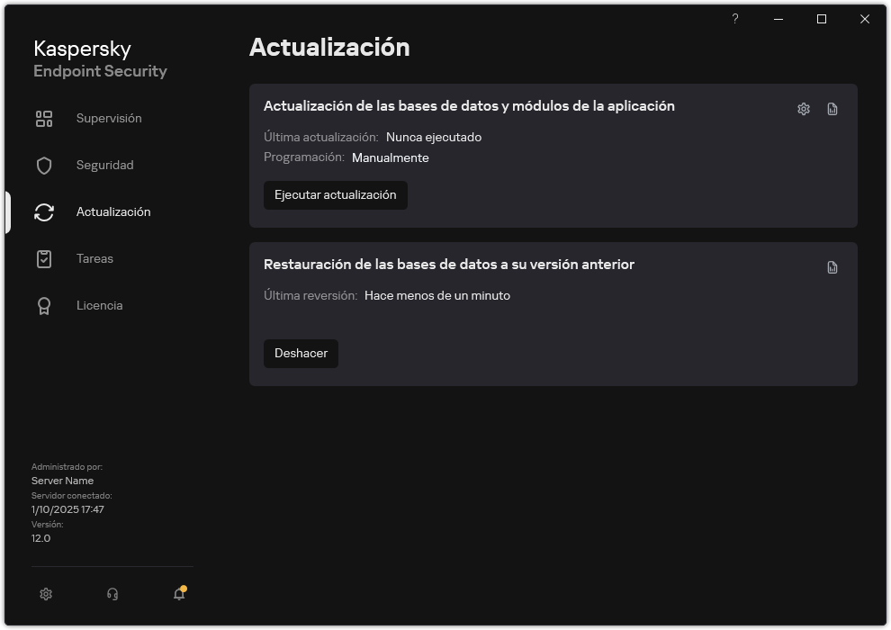 Una ventana con la lista de tareas de actualización locales. El usuario puede iniciar la actualización de bases de datos y módulos de aplicación, así como revertir la última actualización.