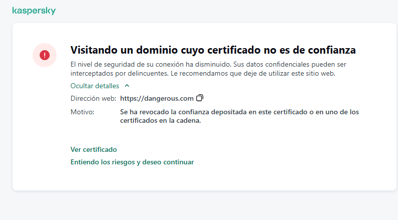 Notificación de Kaspersky sobre la visita a un dominio con un certificado que no es de confianza en la ventana del navegador. El usuario puede seguir trabajando.