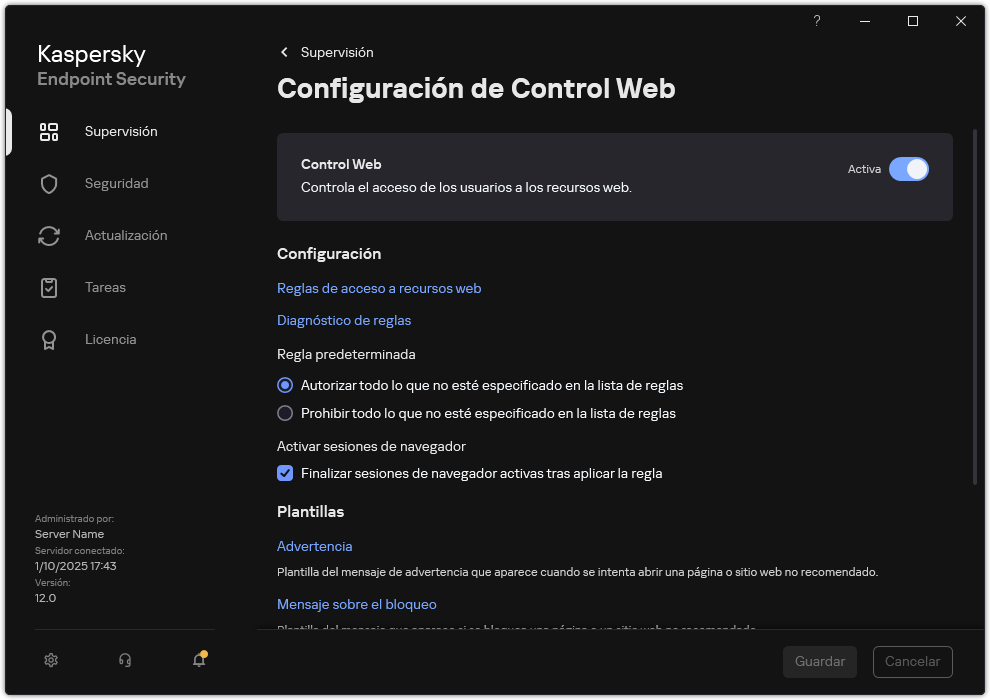 Ventana de configuración de Control Web.