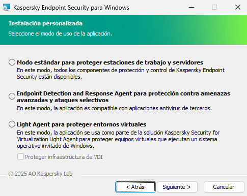 Ventana del instalador con la configuración de la aplicación: funcionalidad completa o Endpoint Detection and Response Agent.
