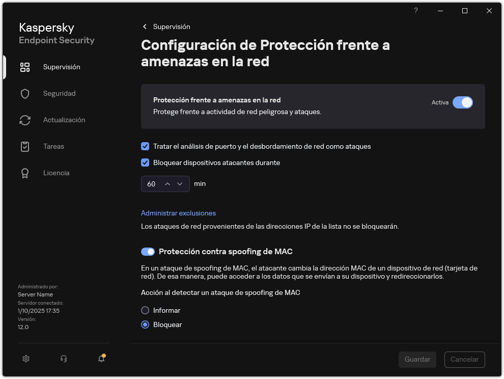 Ventana Parámetros de Protección frente a amenazas en la red