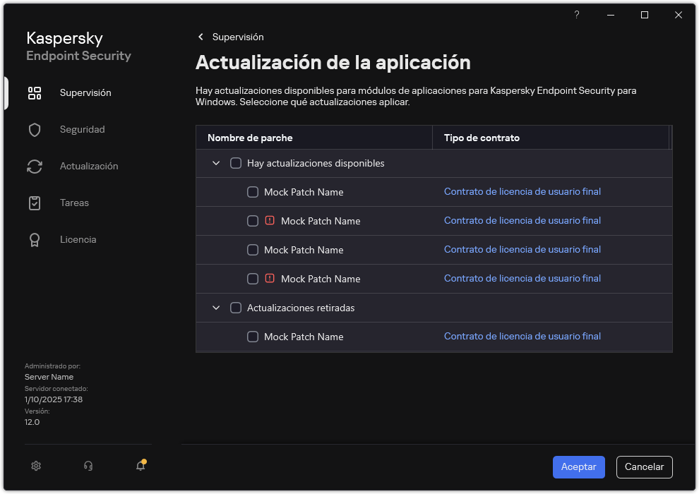 Ventana con una lista de parches disponibles. El usuario puede seleccionar parches y aceptar los términos y condiciones de los contratos.