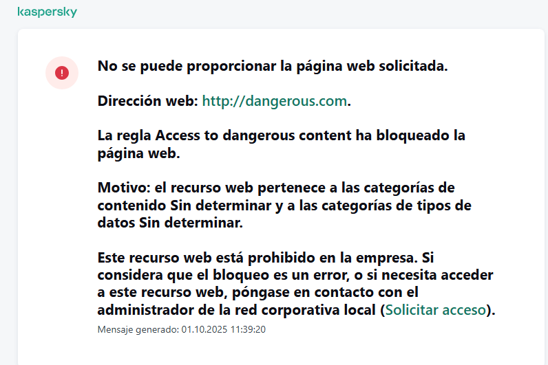 Notificación sobre la visita a un sitio web bloqueado por Control web. El usuario puede crear una solicitud para acceder al recurso web.