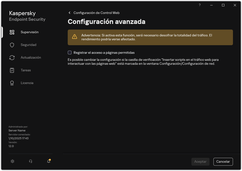 Ventana de configuración avanzada de Control Web.