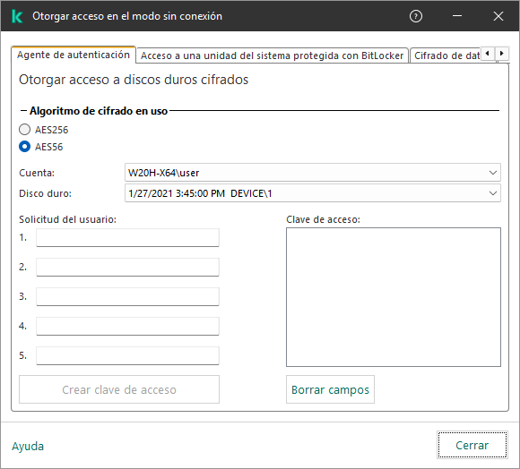Una ventana con campos para ingresar el contenido de la solicitud del usuario y un campo para la clave generada de acceso al disco cifrado.