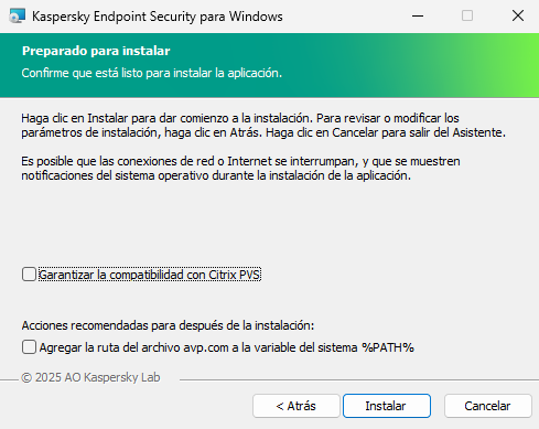 Ventana de Configuración de instalación: protección de la instalación, compatibilidad con Citrix PVS, variable del sistema para avp.com.