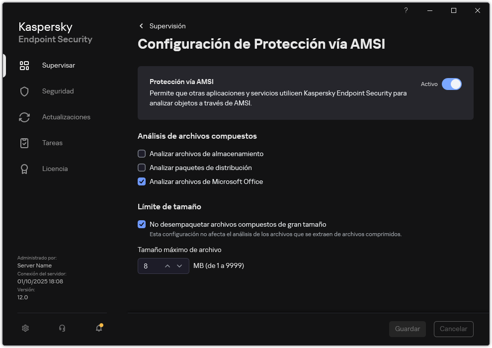 Ventana de Configuración de Protección vía AMSI.