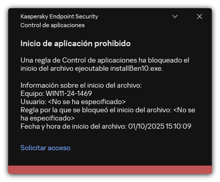 Notificación sobre el inicio de aplicaciones bloqueadas. El usuario puede crear una solicitud para iniciar la aplicación.