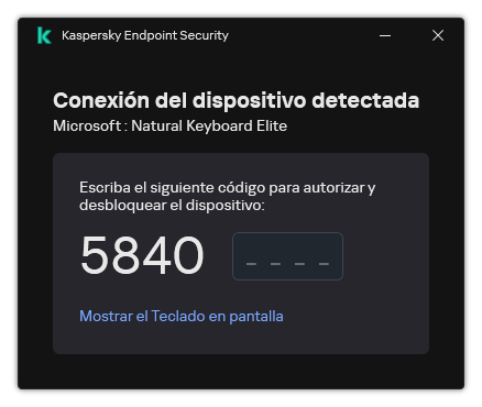 La ventana con el código de autorización del teclado. El usuario puede activar el teclado en pantalla e ingresar el código.