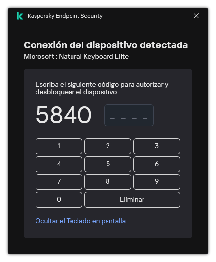 La ventana con el código de autorización del teclado y el teclado en pantalla. El usuario puede ingresar el código.