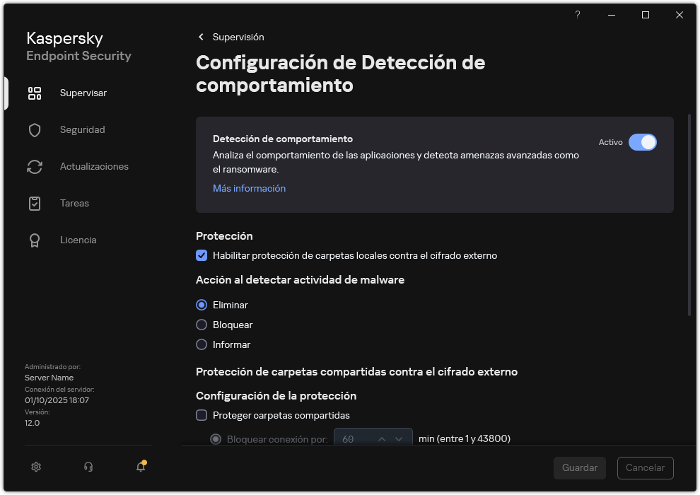 Ventana de configuración de Detección de comportamiento.