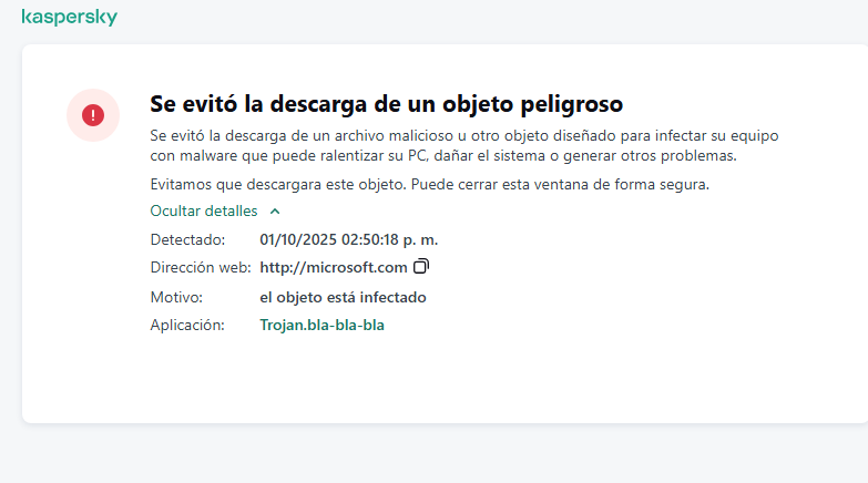 Notificación de Kaspersky sobre cómo evitar que se carguen objetos maliciosos en la ventana del navegador.