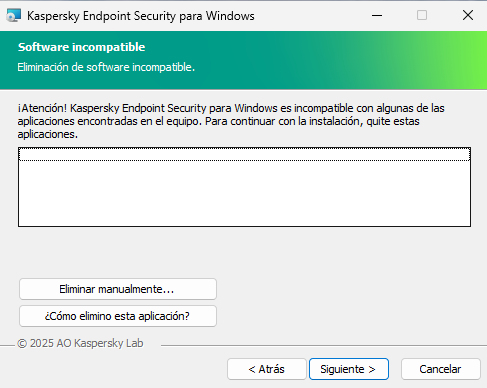 Ventana del instalador que contiene una lista de software incompatible. El usuario puede iniciar la eliminación de software incompatible.