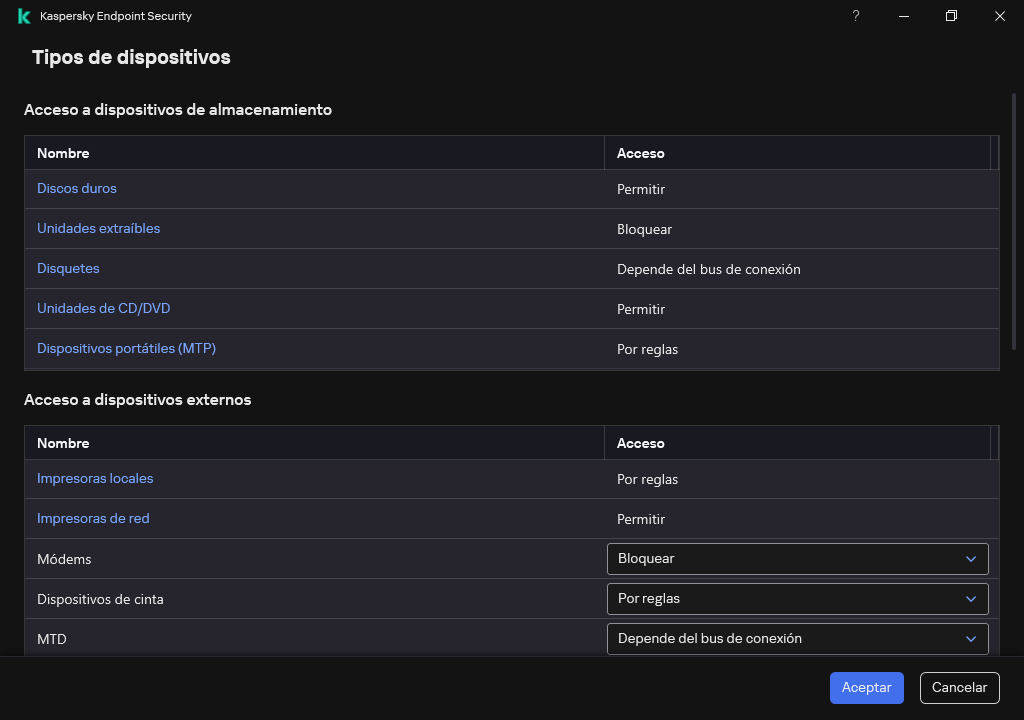 Ventana para configurar el acceso a los dispositivos. El usuario puede configurar el acceso a los dispositivos y establecer parámetros de acceso adicionales, como la programación de acceso.