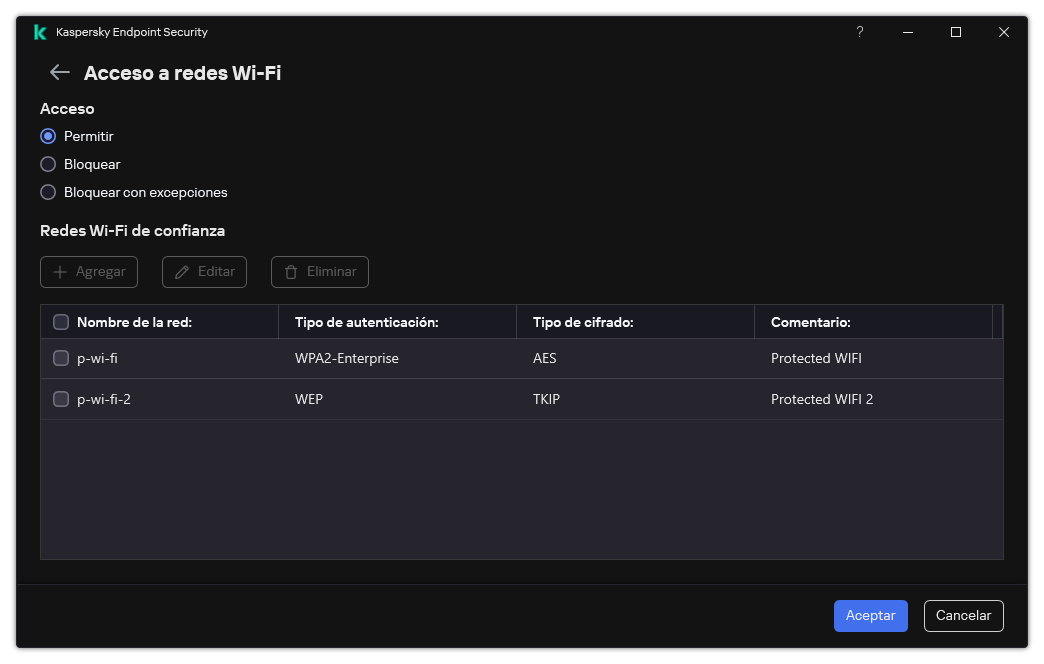 Una ventana con la lista de redes Wi-Fi. El usuario puede configurar el acceso a todas las redes Wi-Fi y agregar redes Wi-Fi de confianza.