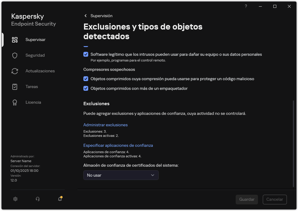 Ventana Configuración de exclusiones. El usuario puede agregar exclusiones y aplicaciones de confianza.