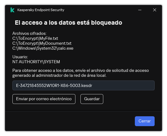 Una ventana con un archivo de solicitud para acceder a datos cifrados. El usuario puede guardar el archivo generado en el disco o enviarlo por correo electrónico.