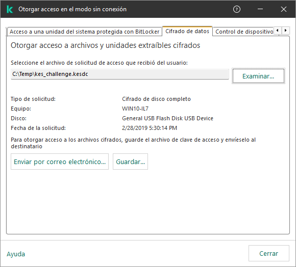 La ventana contiene un campo para seleccionar el archivo de solicitud de acceso. El usuario puede guardar la clave creada en el disco o enviarla por correo electrónico.