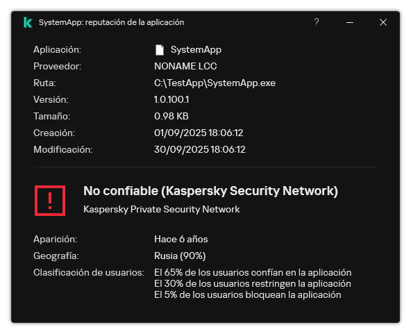 La ventana contiene información sobre la reputación del archivo y otros datos, como la presencia de una firma digital.
