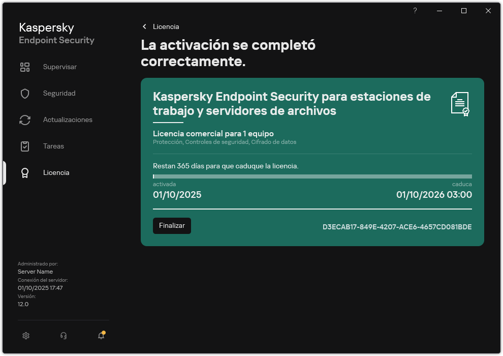 La ventana contiene información sobre la licencia: fecha de caducidad, funciones disponibles y otra información.