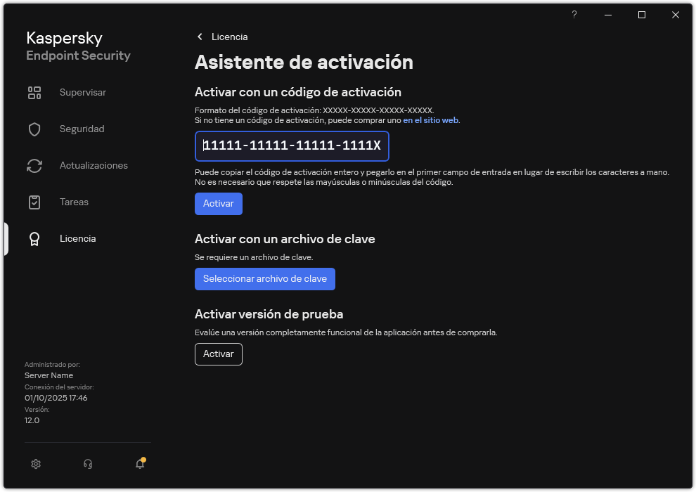 Ventana con las herramientas de activación de la aplicación. El usuario puede ingresar un código de activación o seleccionar un archivo de clave.