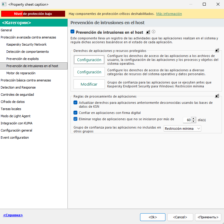 Ventana de Configuración de Prevención de intrusiones