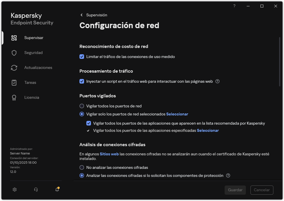 Ventana Configuración de red de la aplicación.