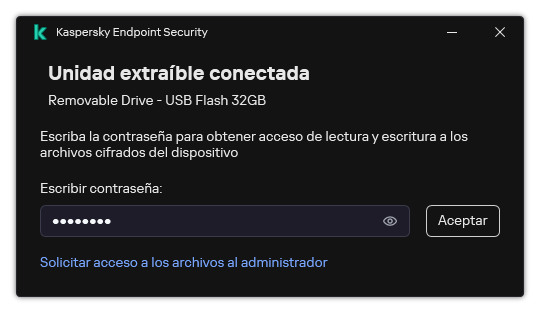 La ventana contiene un campo de entrada de contraseña. El usuario puede crear una solicitud de acceso de archivo.