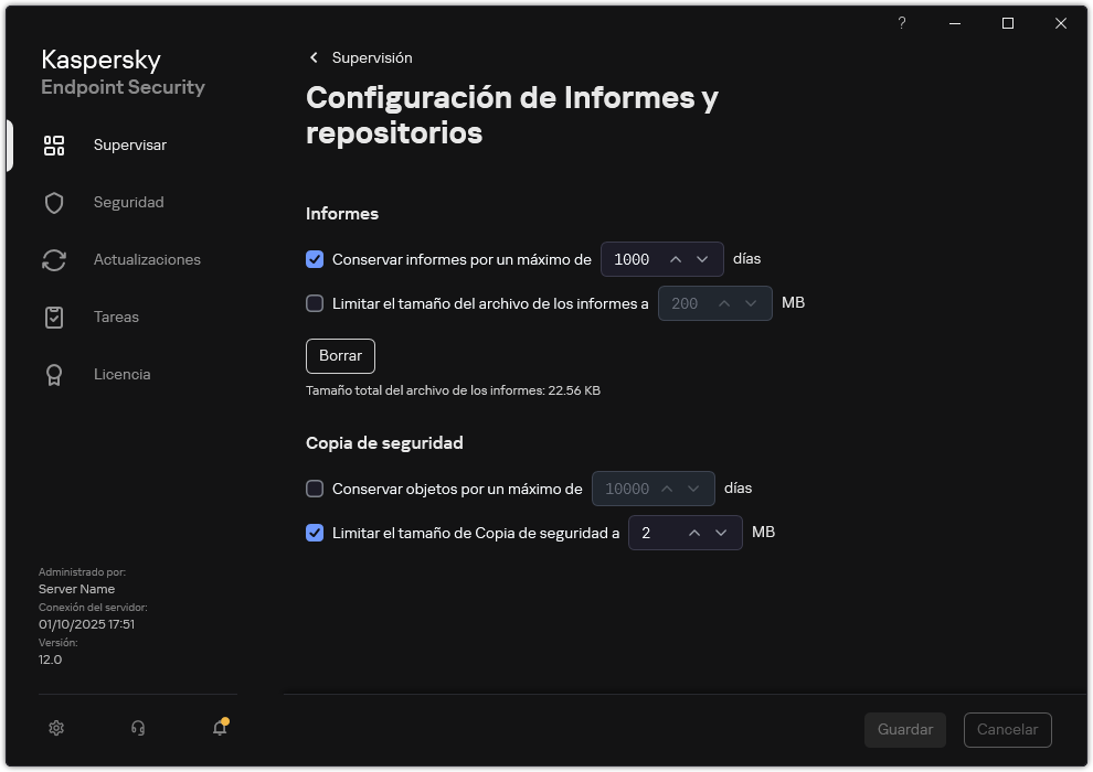 Ventana Configuración de informes y repositorios. El usuario puede establecer el tamaño y limitar el tiempo de almacenamiento de informes y objetos en el repositorio.