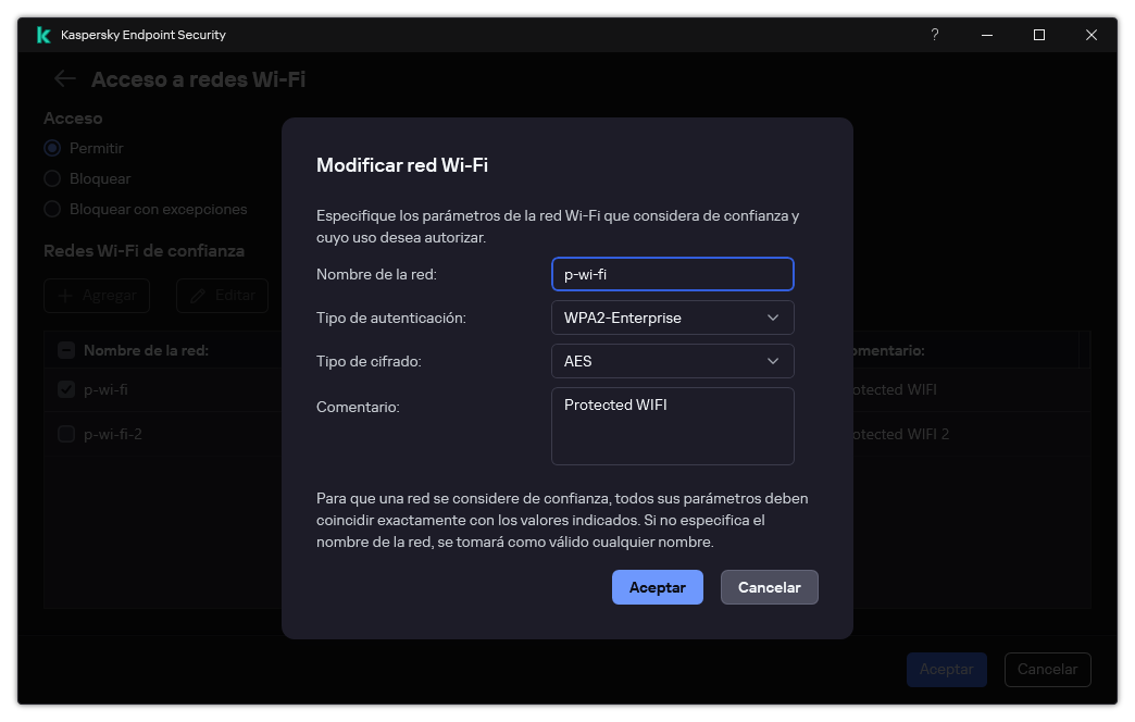 La ventana contiene la configuración de la red Wi-Fi de confianza.