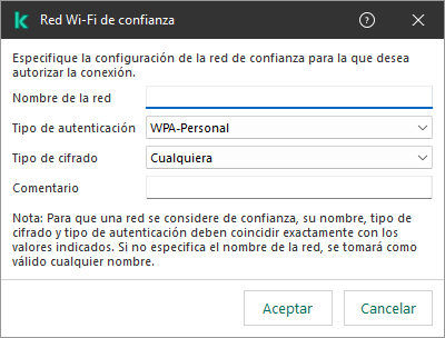 La ventana contiene la configuración de la red Wi-Fi de confianza.