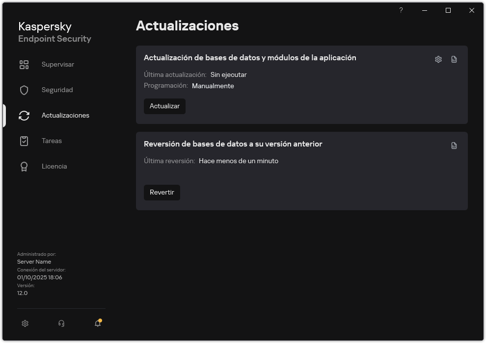 Una ventana con la lista de tareas de actualización local. El usuario puede iniciar la actualización de bases de datos y módulos de la aplicación, así como revertir la última actualización.