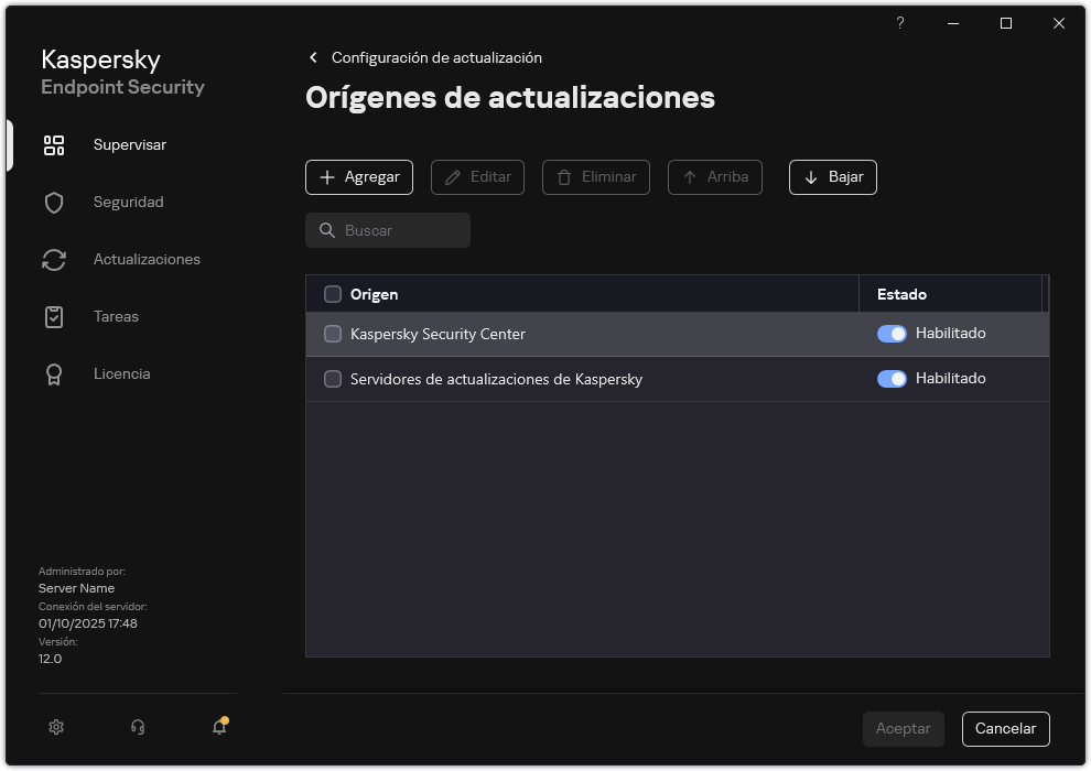 Una ventana con la lista de orígenes de actualizaciones. El usuario puede agregar orígenes de actualizaciones y asignar una prioridad a la fuente.