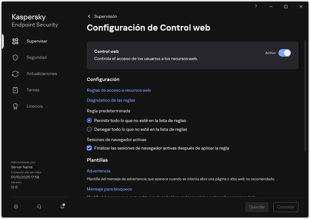 Ventana de configuración de Control web.