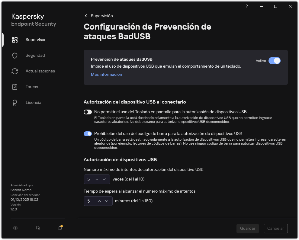 Ventana de configuración de Prevención de ataques BadUSB.
