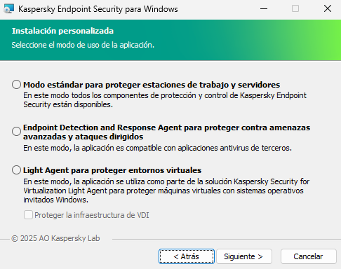 Ventana del instalador con configuración de la aplicación: Todas las funcionalidades o Endpoint Detection and Response Agent.