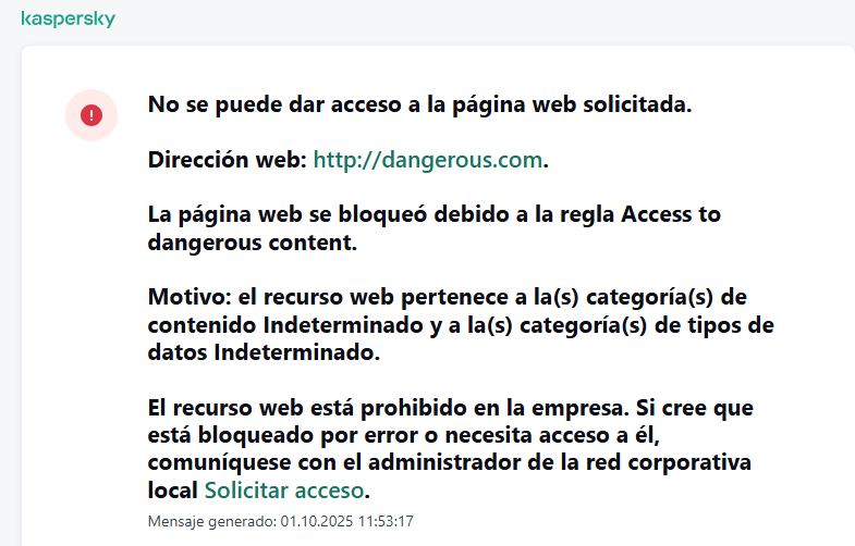 Notificación sobre la visita a una página web bloqueada por Web&nbsp;Control. El usuario puede crear una solicitud para acceder al recurso web.