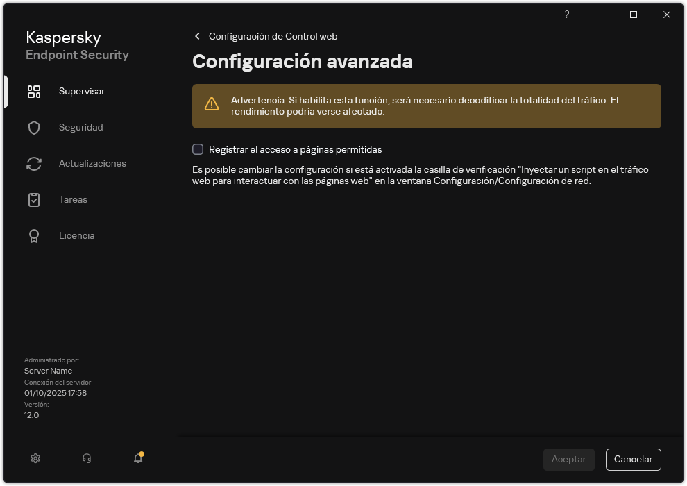 Ventana de configuración avanzada de Control web.