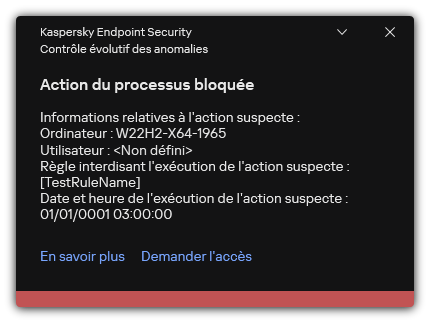 Notification concernant le déclenchement d'une règle. L'utilisateur peut créer une demande pour autoriser une action du processus.