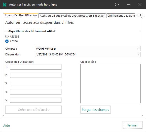 Une fenêtre avec des champs permettant de saisir la composition de la demande de l'utilisateur et un champ pour la clé générée permettant d'accéder au disque chiffré.